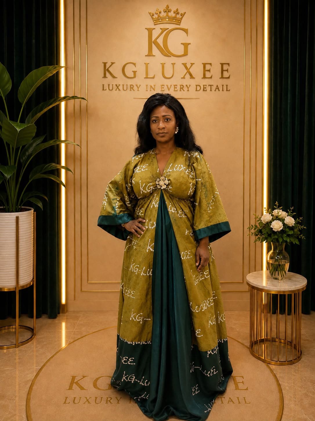 A woman in a cream draped dress standing in a minimalist gallery space